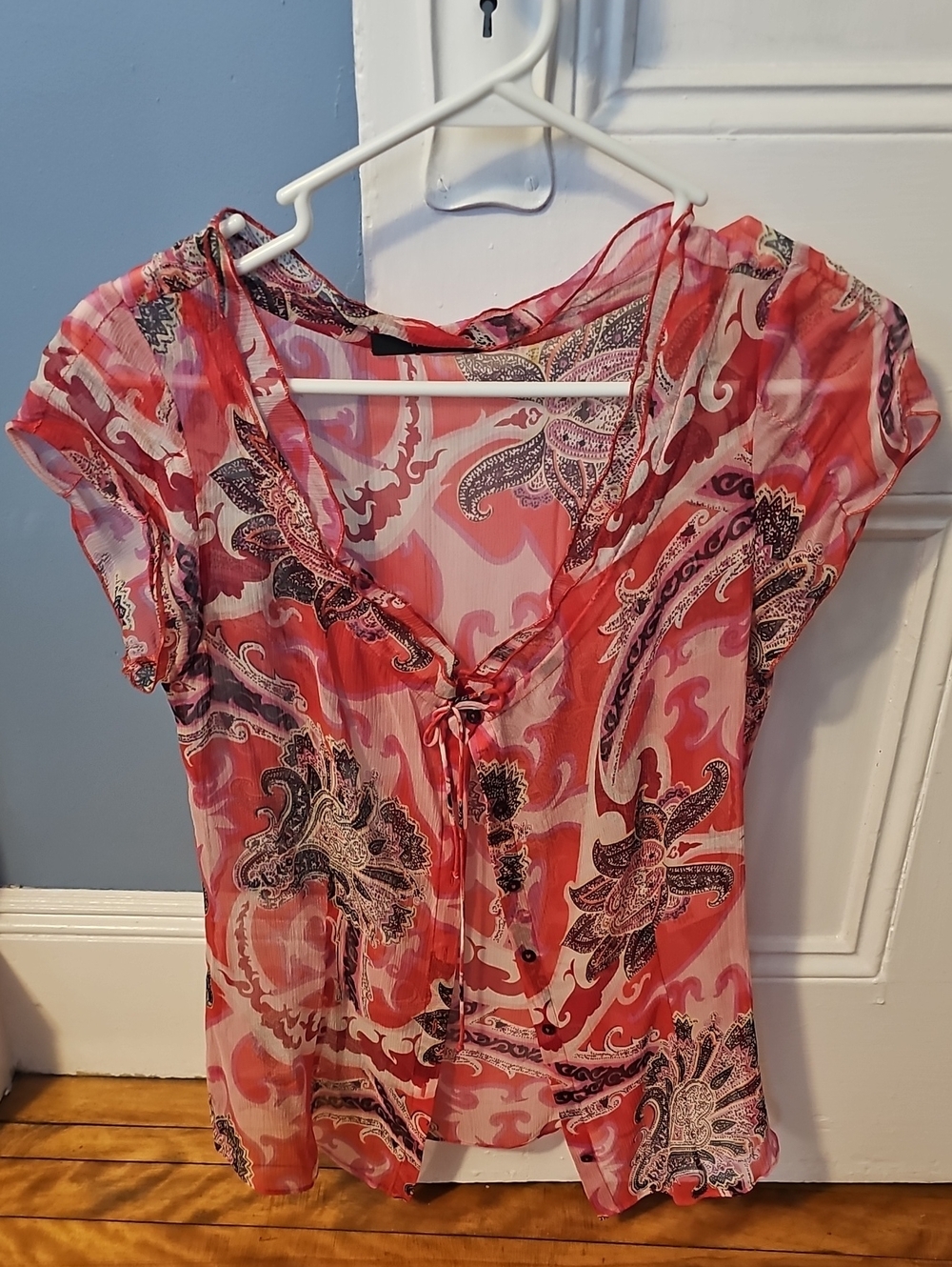 Tahari Coral and Black Paisley Sheer, Silk Blouse